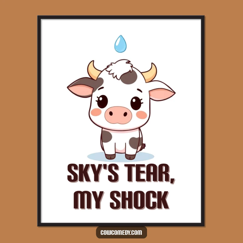 Instant funny kawaii cow digital art, a downloadable gift, showing a surprised cow and a raindrop.