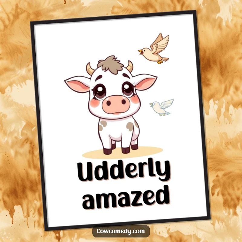 Funny cow digital art print of a cow with wide, surprised eyes looking at a flying bird, perfect for humorous farmyard wall decor.