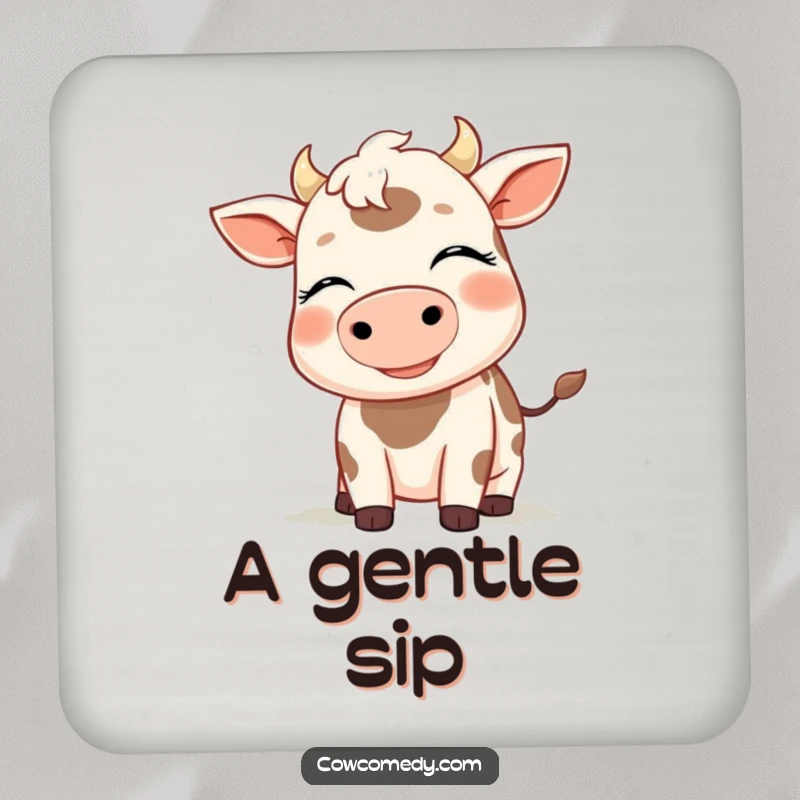 Funny drink coaster with a smiling cow, eyes closed, enjoying a gentle breeze, adding calm to tabletops, a great funny gift.