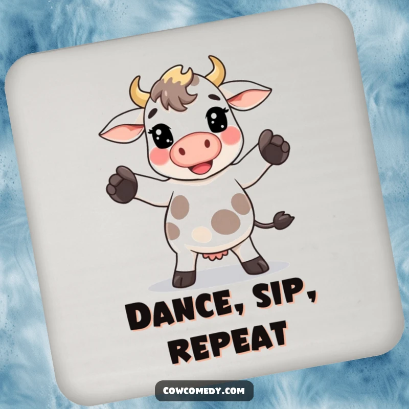 Funny Kawaii cow coaster featuring a cow doing a goofy dance move with its hooves, protecting surfaces with humor.