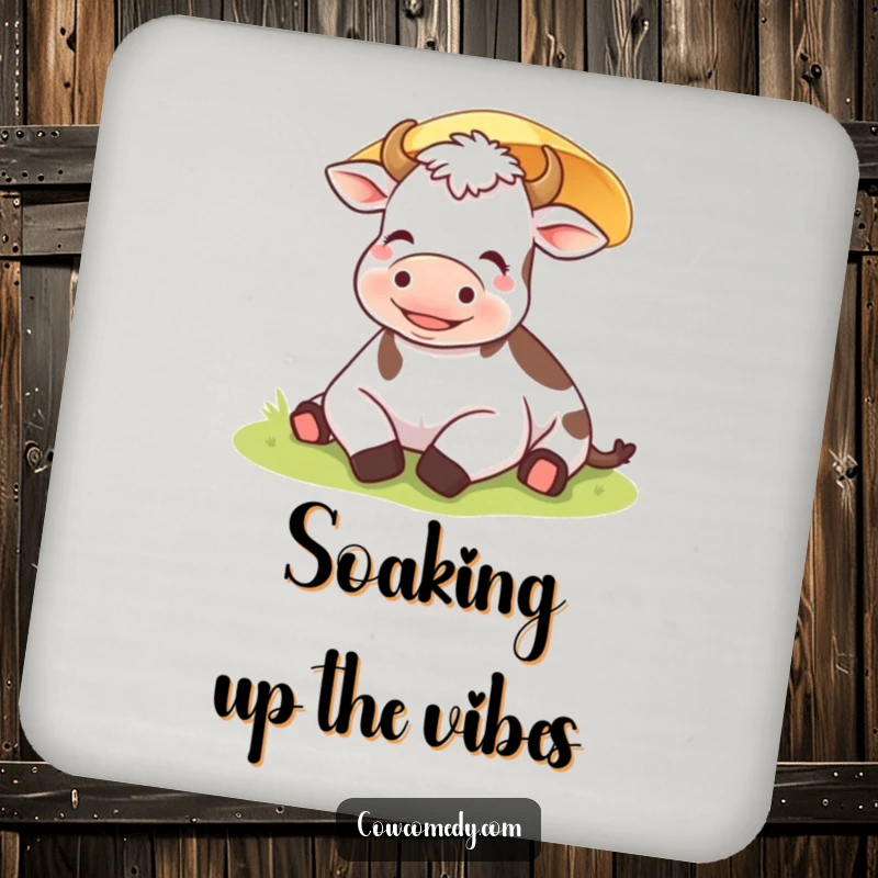 Funny contented cow relaxing under a sunshade on a durable drink coaster, bringing serene vibes.