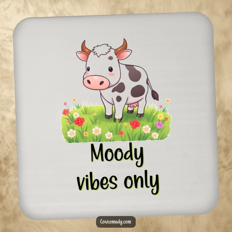 Funny drink coaster set with a contented cow grazing in a meadow, offering surface protection with peaceful farm charm.