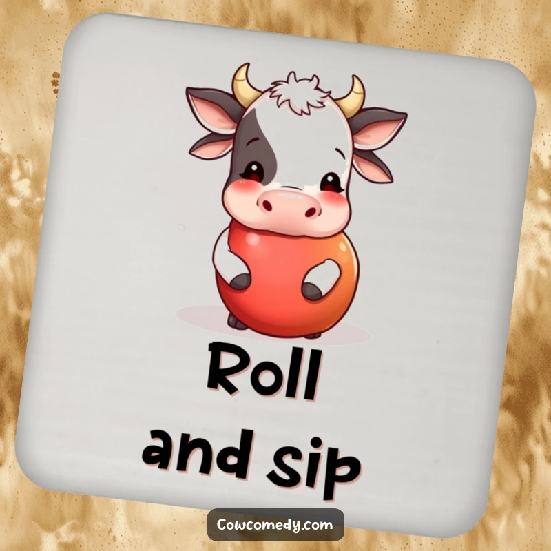 Funny drink coaster showcasing a cow nudging a large, round apple as it rolls. Protects surfaces with a humorous and playful design.