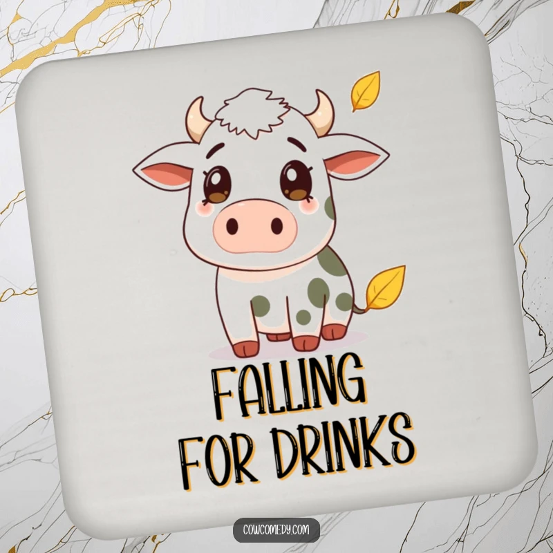Funny drink coaster showcasing a cow with a surprised expression watching a falling leaf. Protects surfaces with a humorous and seasonal design.