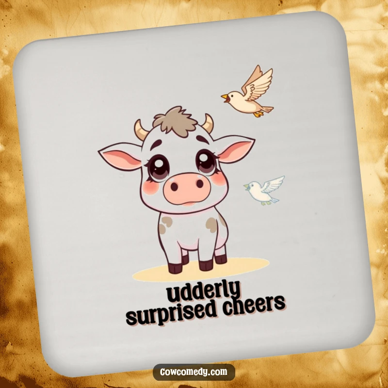 Funny cow drink coaster with a cow with wide, surprised eyes looking at a flying bird, adding comical farmyard charm to tabletops.