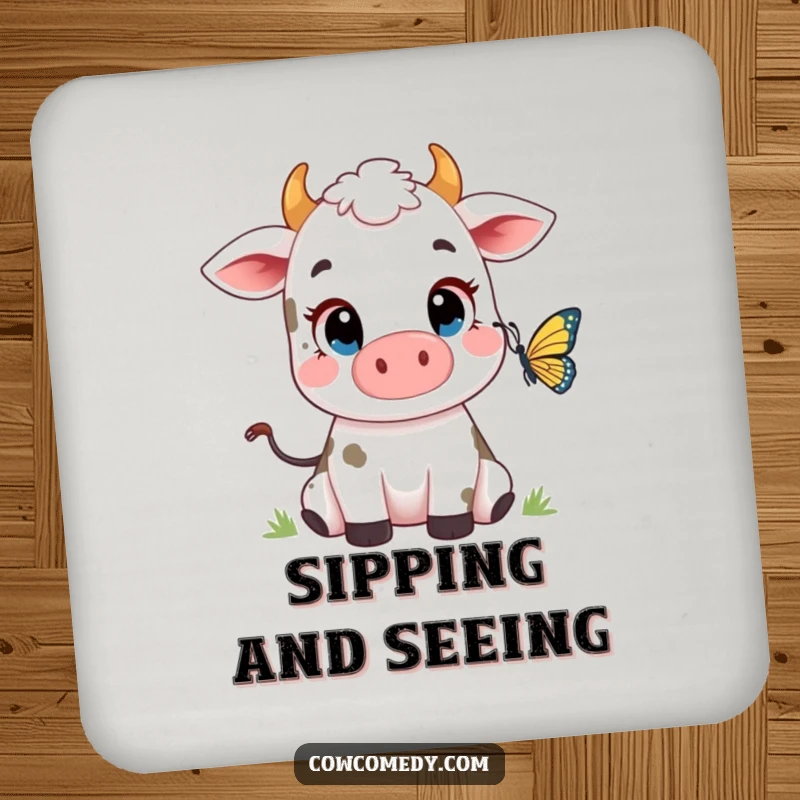 Funny Cow Butterfly Coaster: a cute cow with big eyes watching a butterfly, protecting surfaces with adorable, whimsical charm.