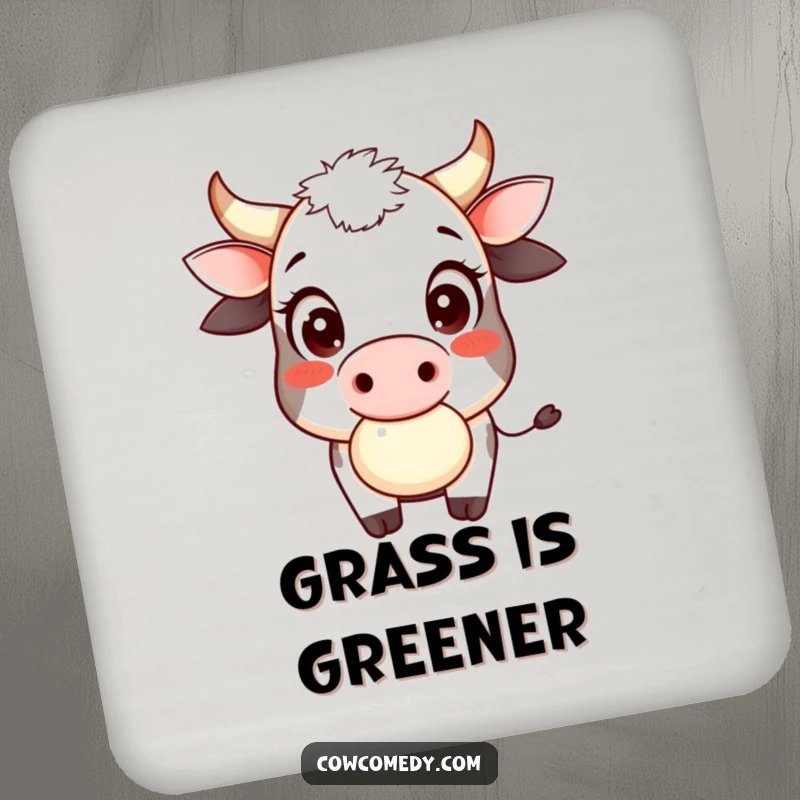 Funny cow cud chewer coaster depicting a smiling cow, large innocent eyes, playfully chewing cud, providing gentle humorous protection.