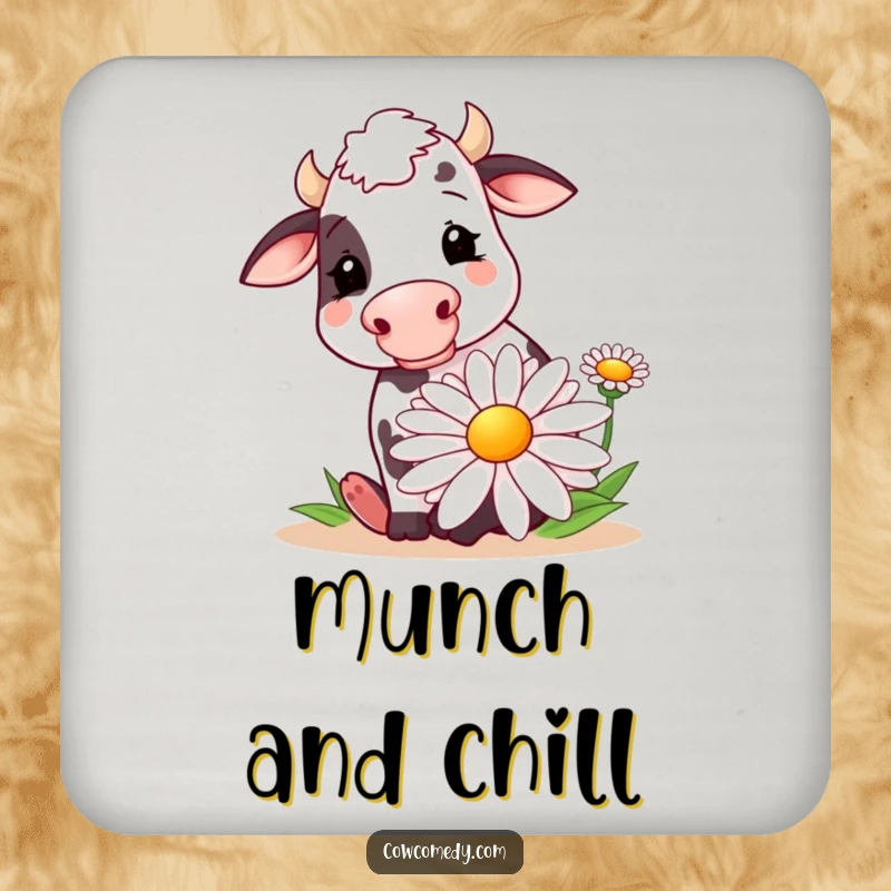 Funny drink coaster showcasing a happy cow eating a giant daisy. Protects surfaces with a humorous and charming farm animal design.