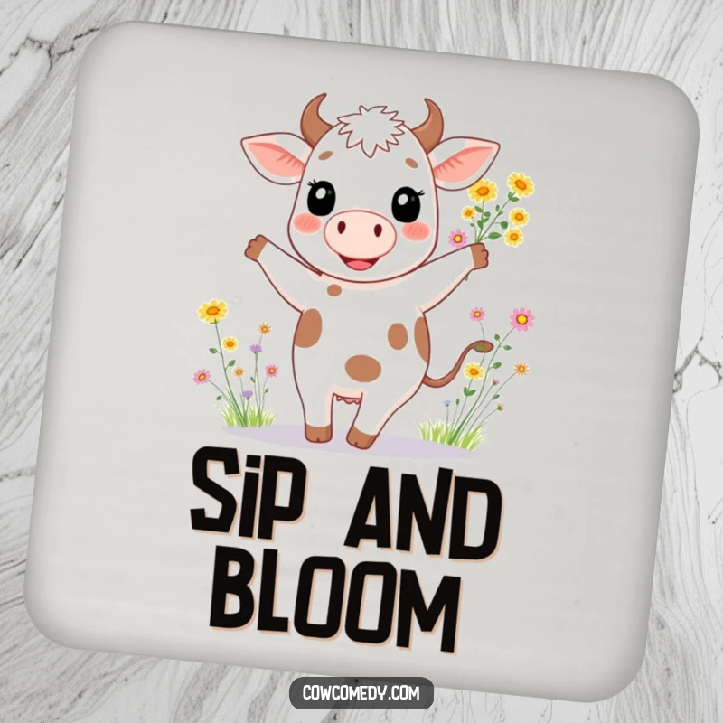 Funny drink coaster featuring a happy cow with a wide smile, dancing with a bouquet of wildflowers.