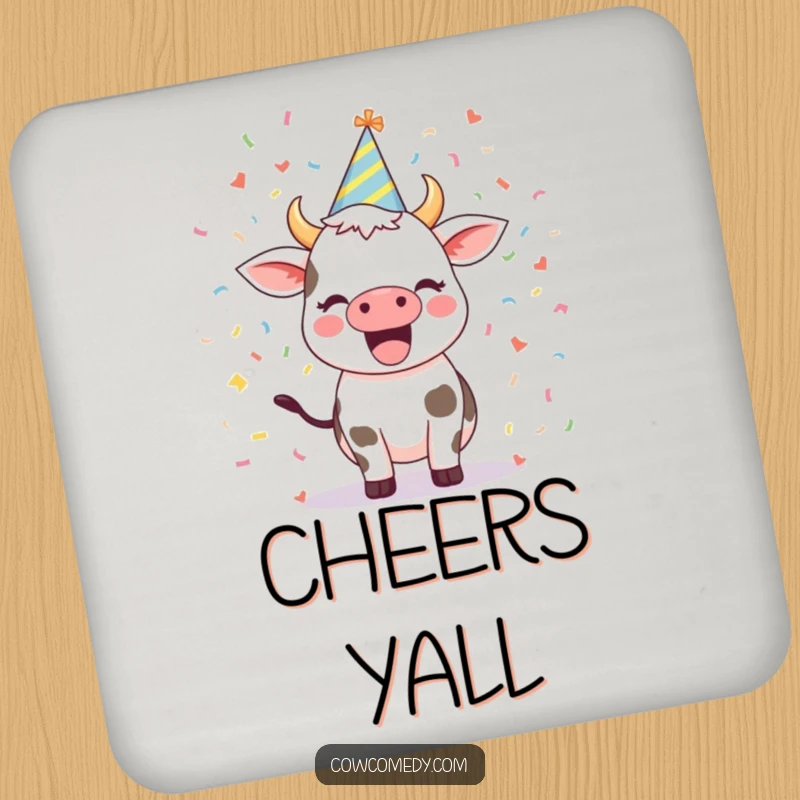 Funny drink coaster featuring an excited cow wearing a party hat and confetti, protecting your furniture with festive charm.