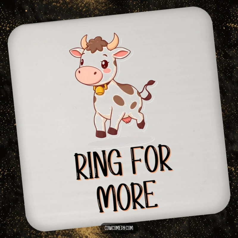 Funny coaster print of a happy cow wearing a bell, skipping joyfully, providing surface protection with a dose of cheer.