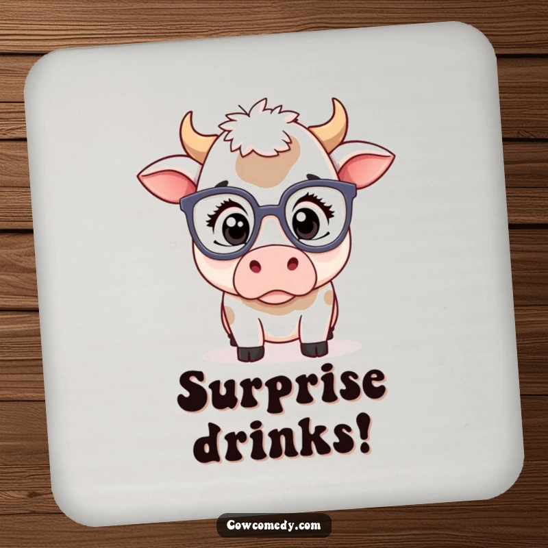 Funny kawaii cow coaster with a cute cow wearing oversized spectacles, eyes wide with a comical surprise, protecting tables.