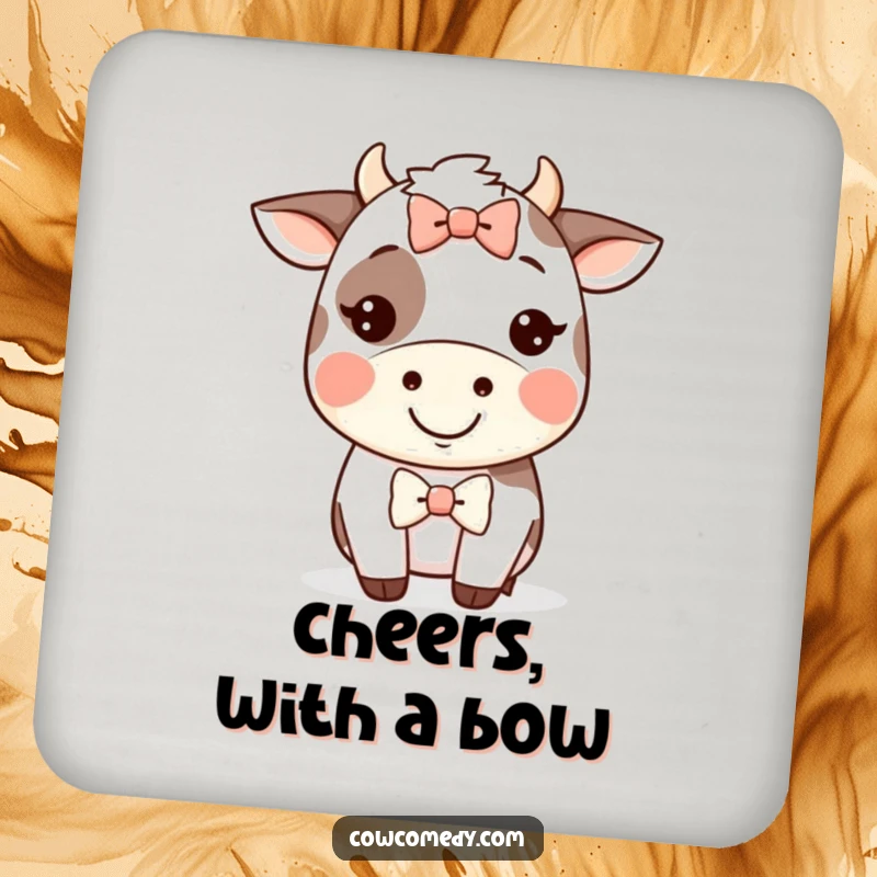 Funny Kawaii cow coaster featuring a happy grinning cow wearing a silly bow, protecting surfaces with charm.