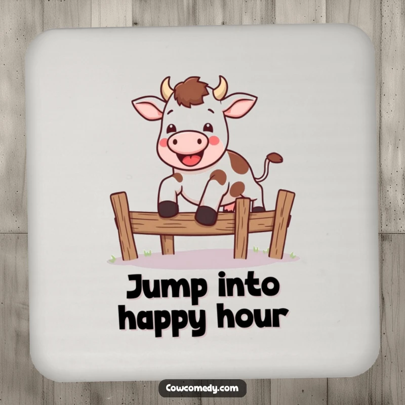 Funny kawaii cow coaster with a cute cow leaping energetically over a small fence, protecting tables with playful charm.