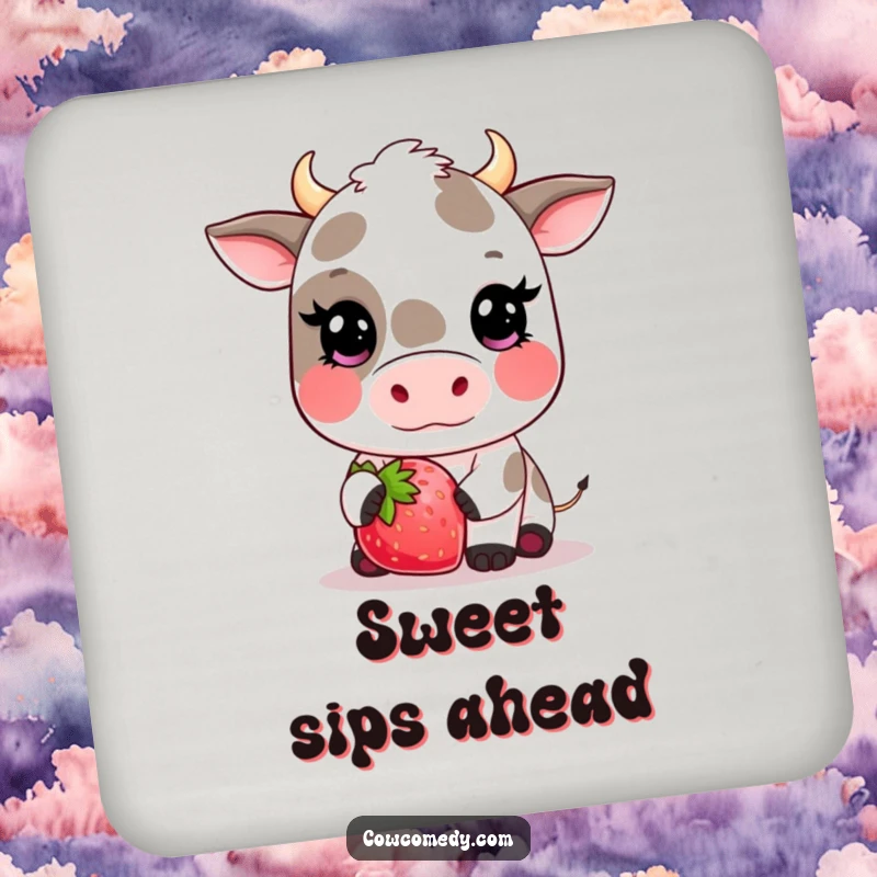 Funny kawaii cow coaster with a cute, blushing cow offering a giant strawberry, protecting tables with sweet charm.