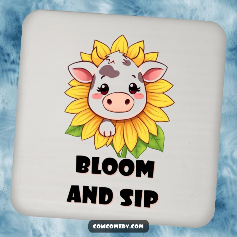 Funny Kawaii cow coaster featuring a shy cow peeking from behind a sunflower, offering cute protection.