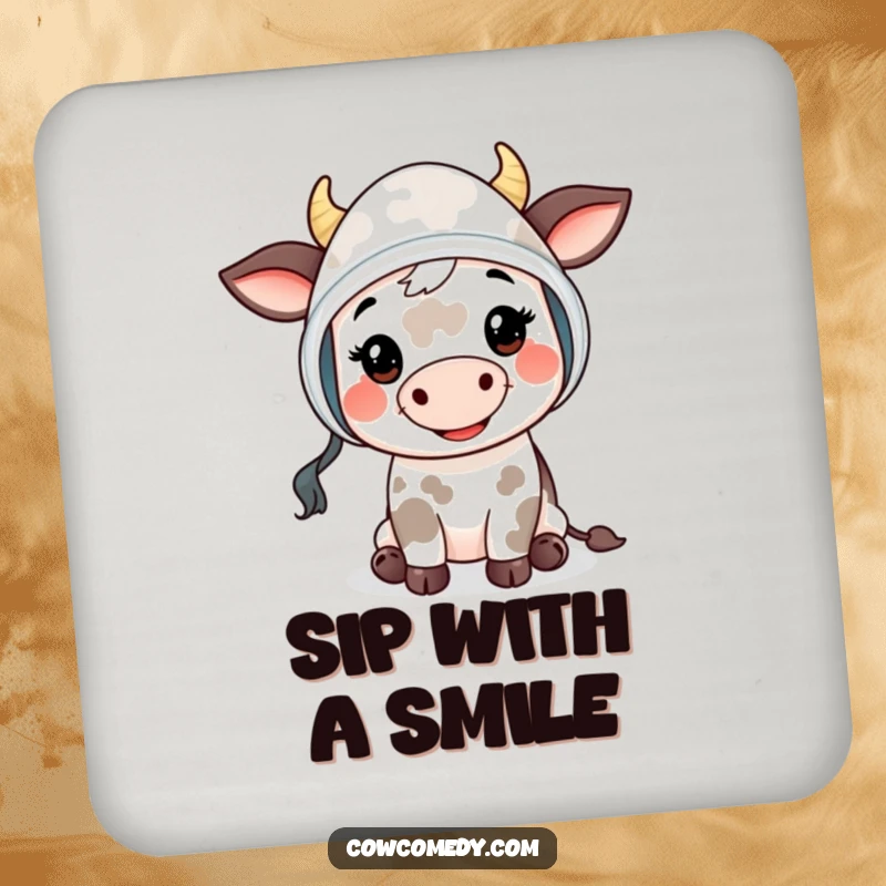 Funny Mooing Cow Kid Coaster: a cute cow child in a bonnet smiling and offering a friendly 'moo', protecting surfaces adorably.