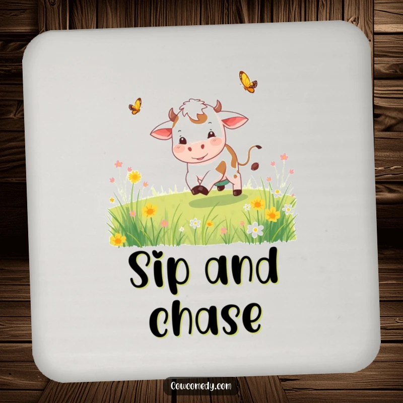 Funny playful cow coasters with a cow chasing a butterfly, adding a whimsical touch to drink service.