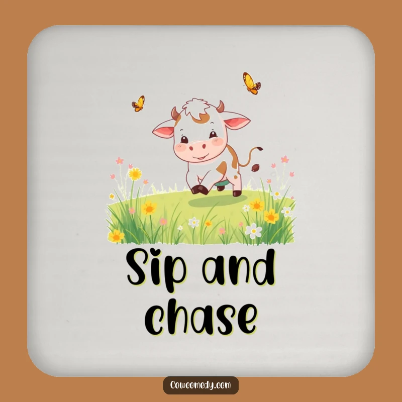 Funny Playful Cow Coaster Set Chasing Butterfly Protects Surface Funny Gift
