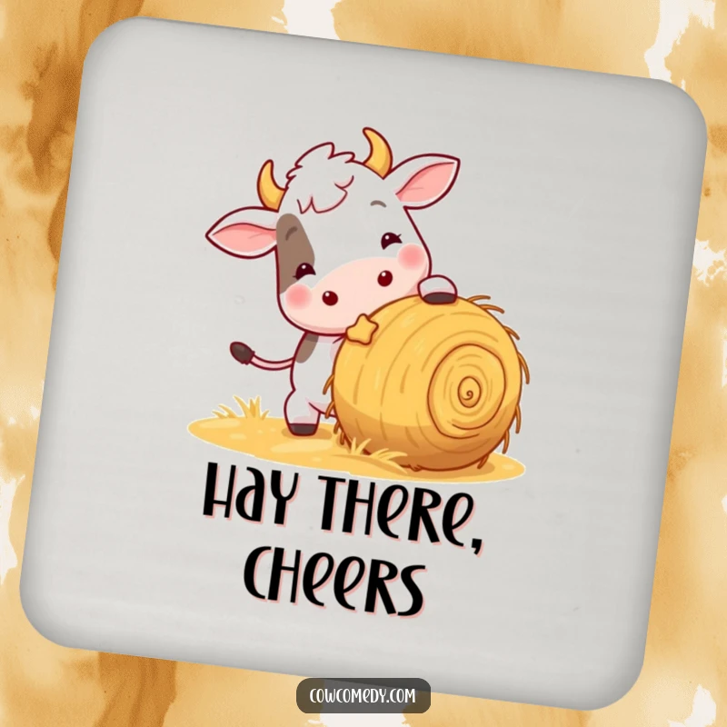 Funny drink coaster set with a playful cow nudging a rolling ball of hay, offering surface protection with humorous action.