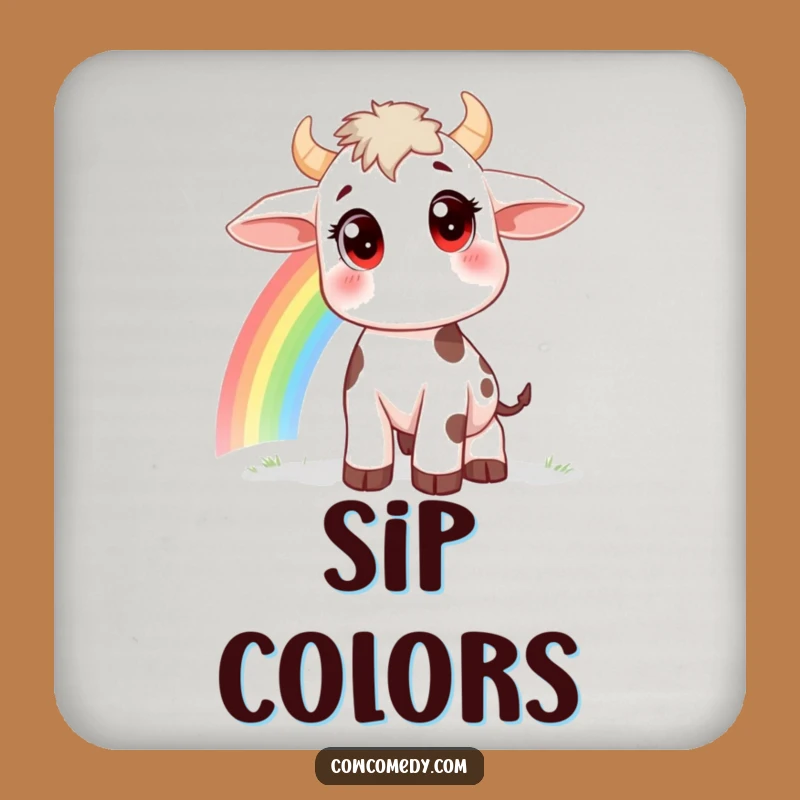 Funny Rainbow Cow Coaster - Curious Big Eyes Drink Gift