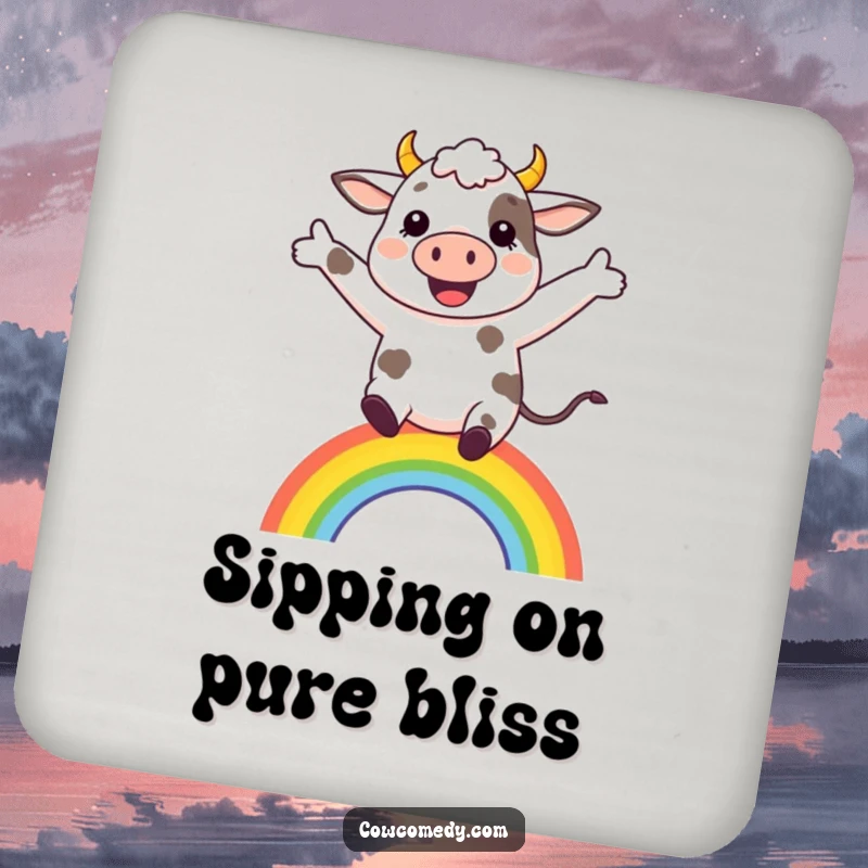 Funny cheerful cow leaping over a small rainbow on a durable drink coaster, protecting surfaces with joy.