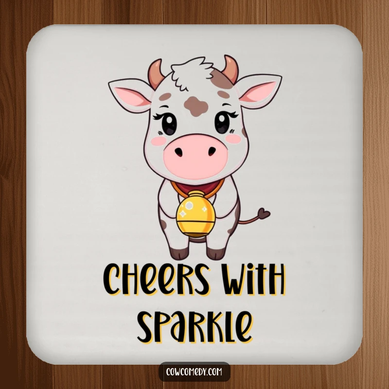 Funny drink coaster illustration of a whimsical cow with a happy expression, wearing a bell that sparkles joyfully. Protects furniture with magic.