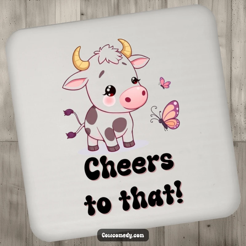 Funny Coaster showcasing a cow wiggling its tail in amusement near a cartoon butterfly, protecting surfaces with farmyard fun.
