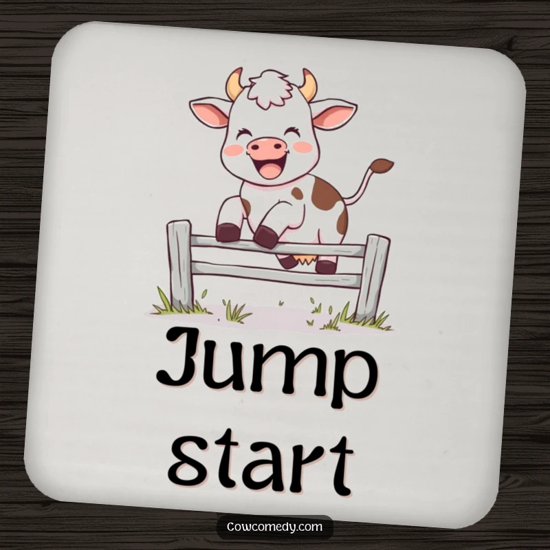 Funny drink coaster with a joyful cow leaping over fence, mid-moo, adding farmyard fun to surfaces, a great funny gift.