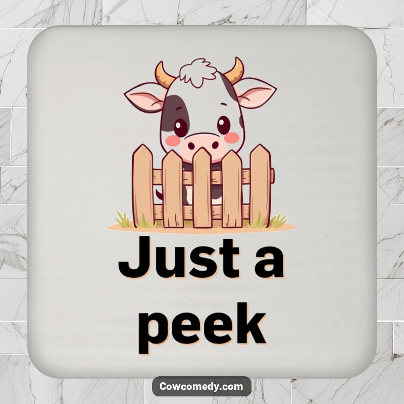 Funny kawaii cow coaster with a cute cow peeking over a small fence, protecting tables with adorable humor.