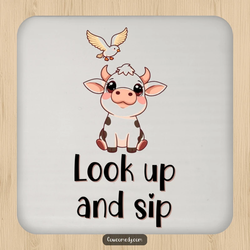 Funny drink coaster showcasing a cow with big eyes looking up at a bird. Protects surfaces with a humorous and gentle nature design.