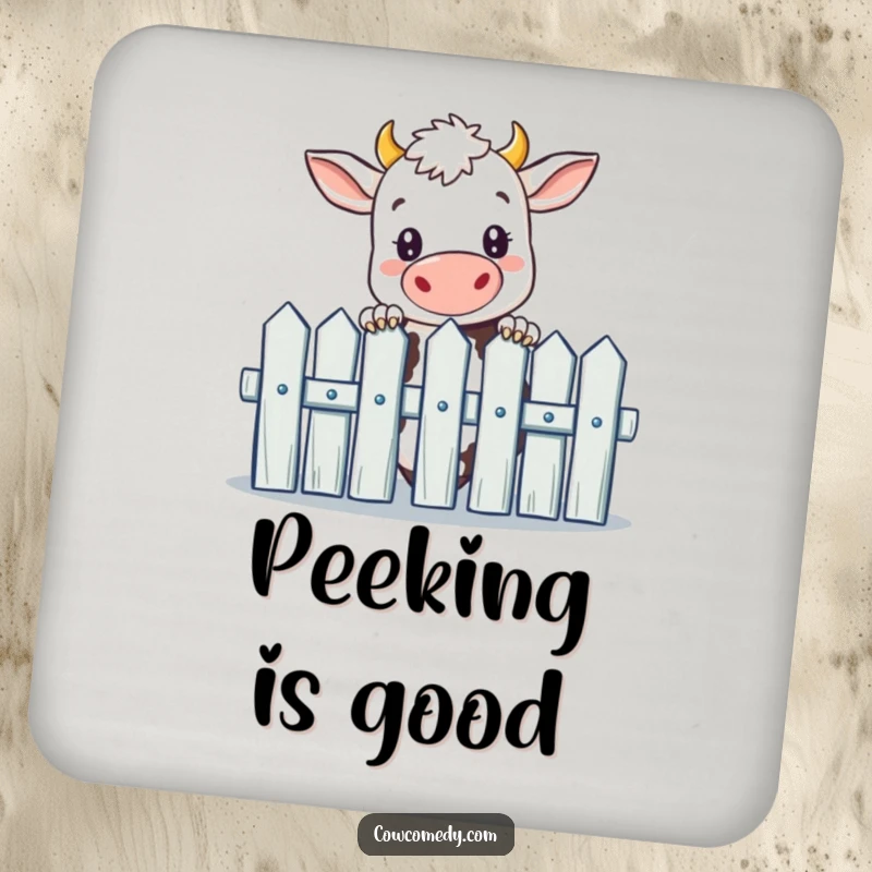 Funny drink coaster set with a curious cow peeking over a picket fence, offering surface protection with a humorous design.