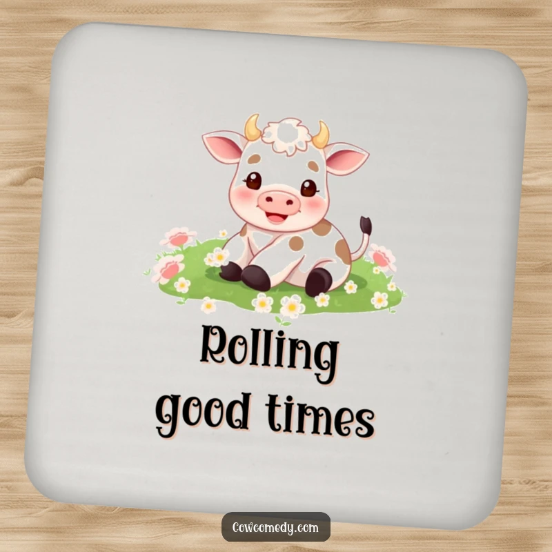 Funny drink coaster illustration of a tiny cow upside down, legs in the air, rolling happily in a green clover patch. Protects surfaces.