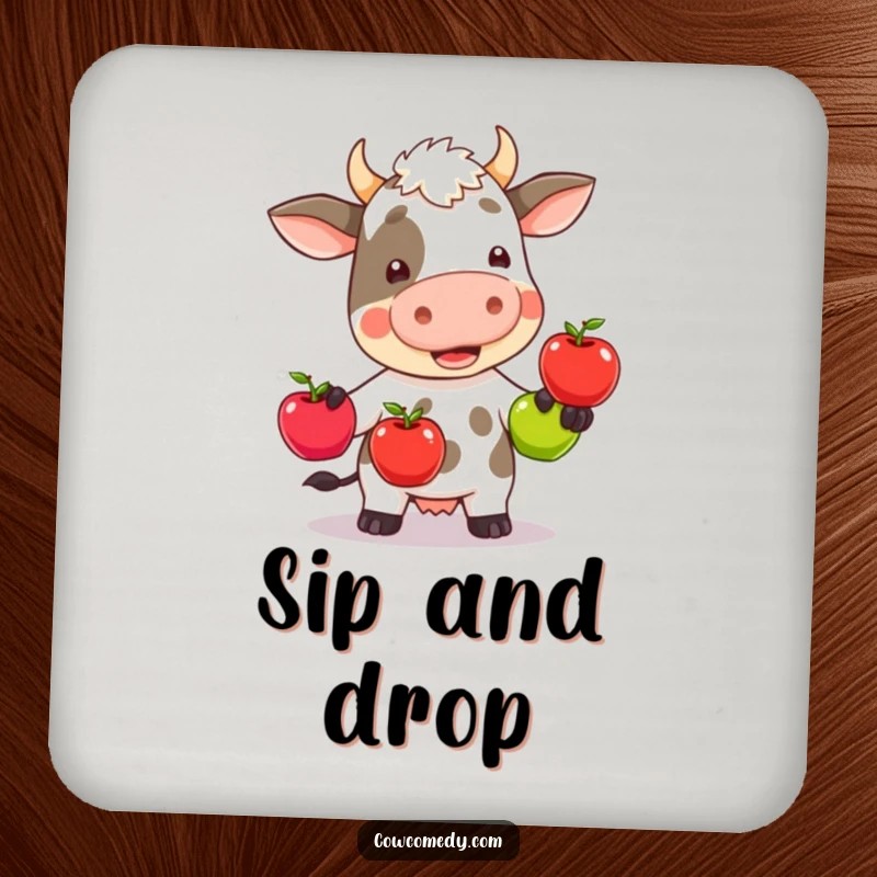 Funny kawaii cow wobbly juggling three colorful apples, printed on a protective drink coaster, adding a touch of humor.