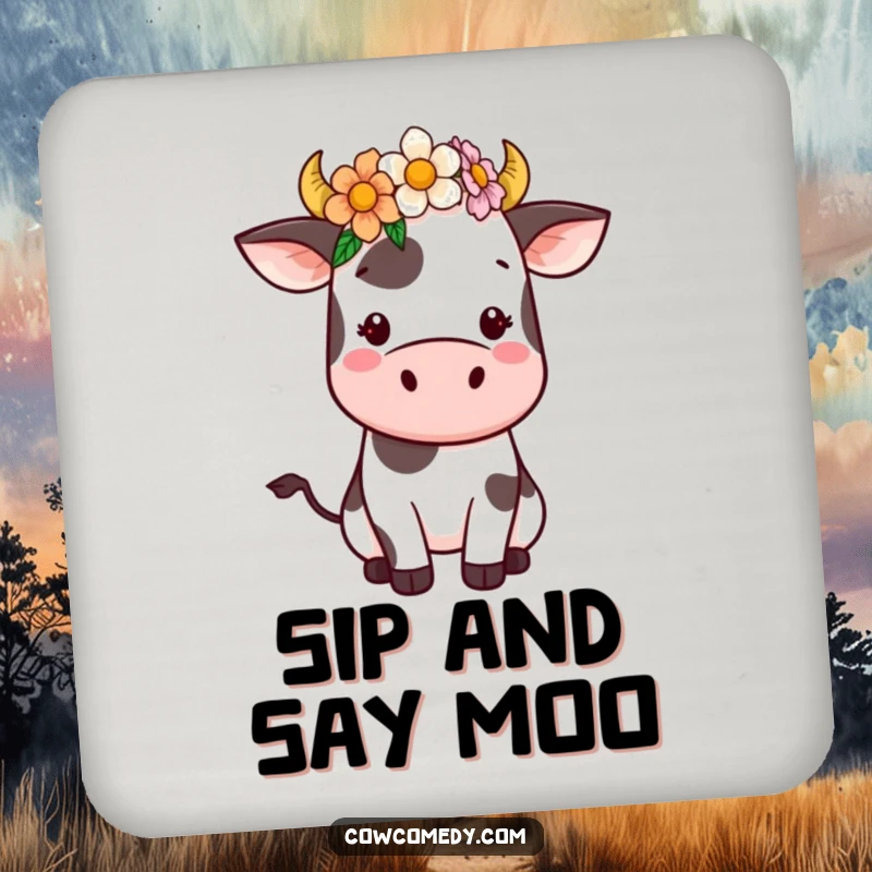 Funny Kawaii Cow Drink Coaster showcasing a cute cow with a flower crown. Protects surfaces with adorable farm-themed charm, a fun addition to any setting.