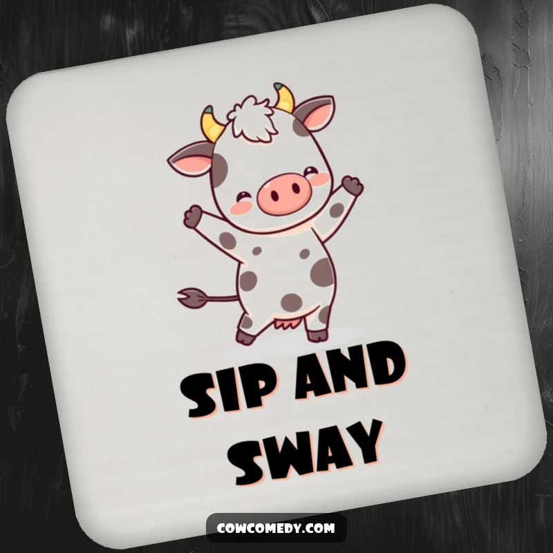 Funny Kawaii Cow Coaster: A spotted character dancing, guarding drinks with adorable, humorous style during gatherings.