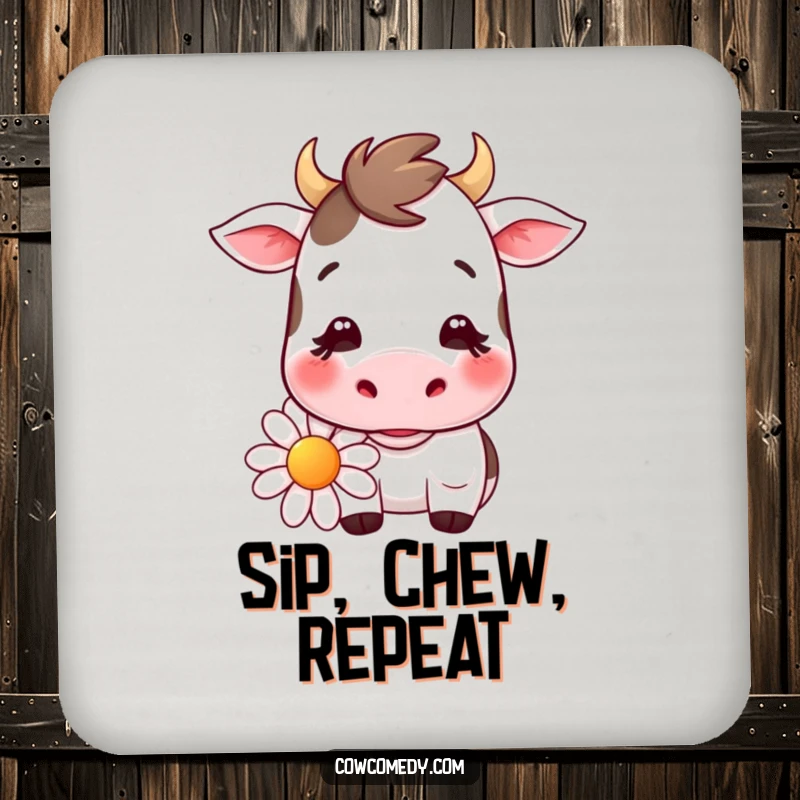 Funny kawaii cow drink coasters featuring a gentle smiling cow chewing a large daisy, protecting surfaces with adorable farm-themed art.
