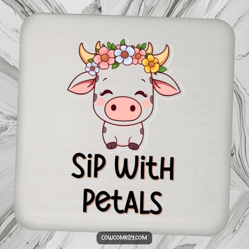 Funny kawaii cow drink coasters featuring a serene cow wearing a flower crown, looking content, adding peaceful charm to surfaces.