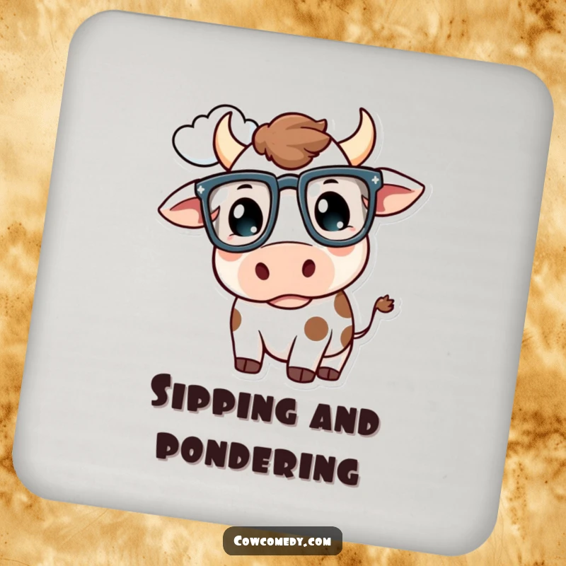 Funny Kawaii Cow Coaster: A cow with oversized glasses thoughtfully gazes at a cloud, protecting surfaces humorously.