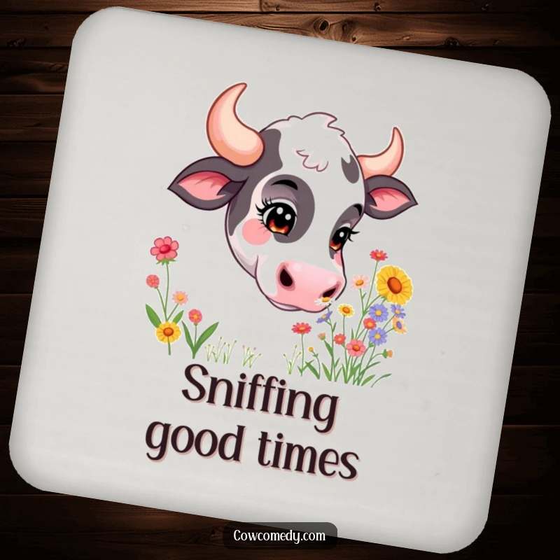 Funny drink coaster illustration of a curious cow with a gentle snout, sniffing a small bunch of colorful wildflowers. Protects surfaces.