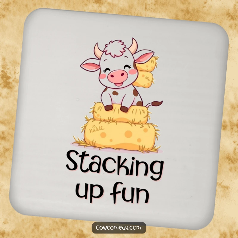Funny drink coaster illustration of a giggling cow wobbling under a stack of hay bales. Protects furniture with humor.