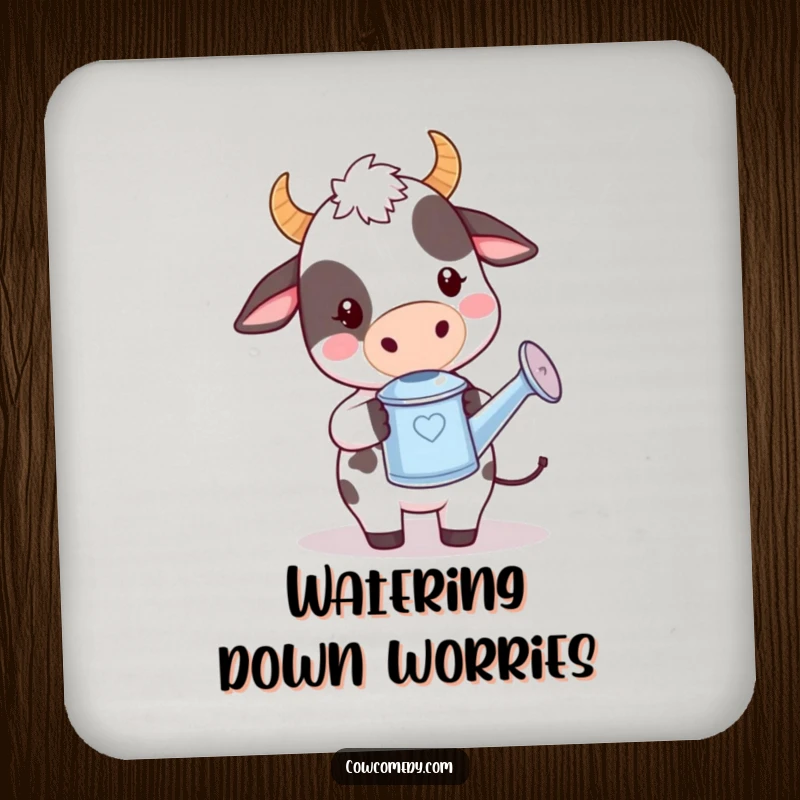 Funny kawaii cow coaster with a cute cow holding a tiny watering can, looking playful and protecting tables.