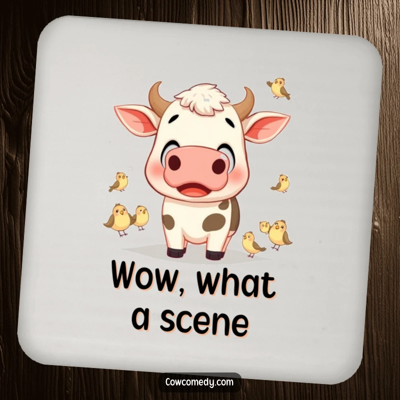 Funny cow with wide, surprised eyes looking at tiny birds on a durable drink coaster, adding humor.