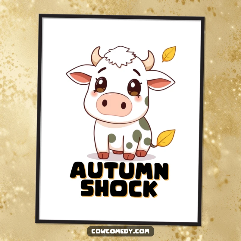 Funny poster print of a cow with wide, surprised eyes watching a single leaf fall. Whimsical wall decor and humorous autumn art.
