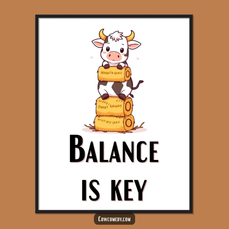 Funny Kawaii Cow Hay Bale Poster: Hilarious Balancing Cow Art Gift!