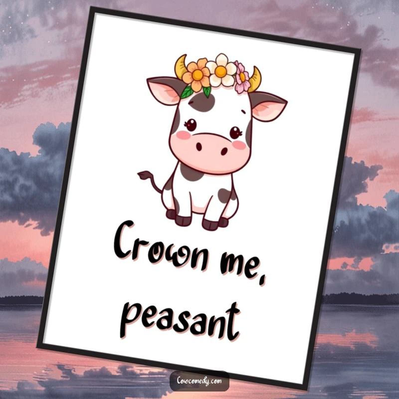 Funny Kawaii Cow Poster showcasing an endearing cow adorned with a flower crown. Whimsical wall art that brings smiles and a touch of farm charm.