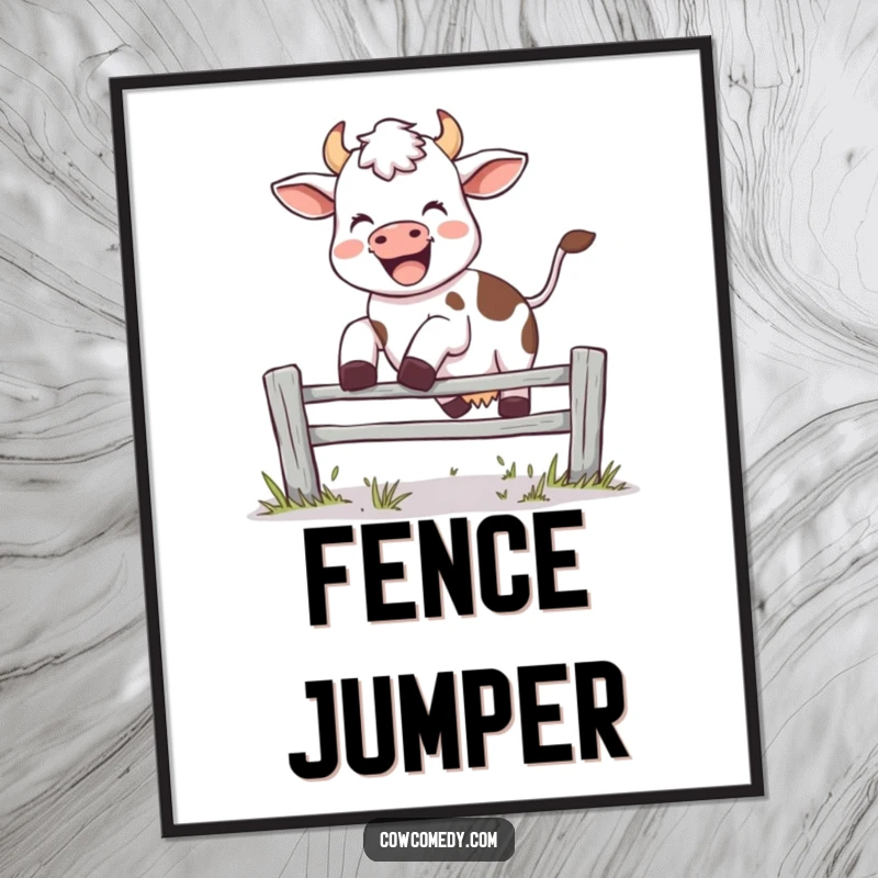 Funny poster print of a joyful cow leaping over a fence with a 'moo', full of action and farm charm, excellent gift.