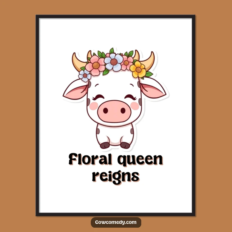 Funny Kawaii Cow Flower Crown Poster: Serene Art for Peaceful Spaces