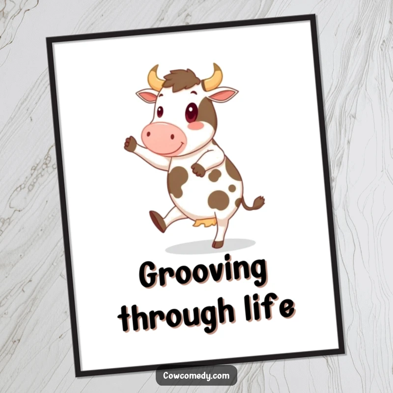 Funny Poster of a cheerful cow performing a lively jig with its hooves, spreading happiness and humorous vibes.