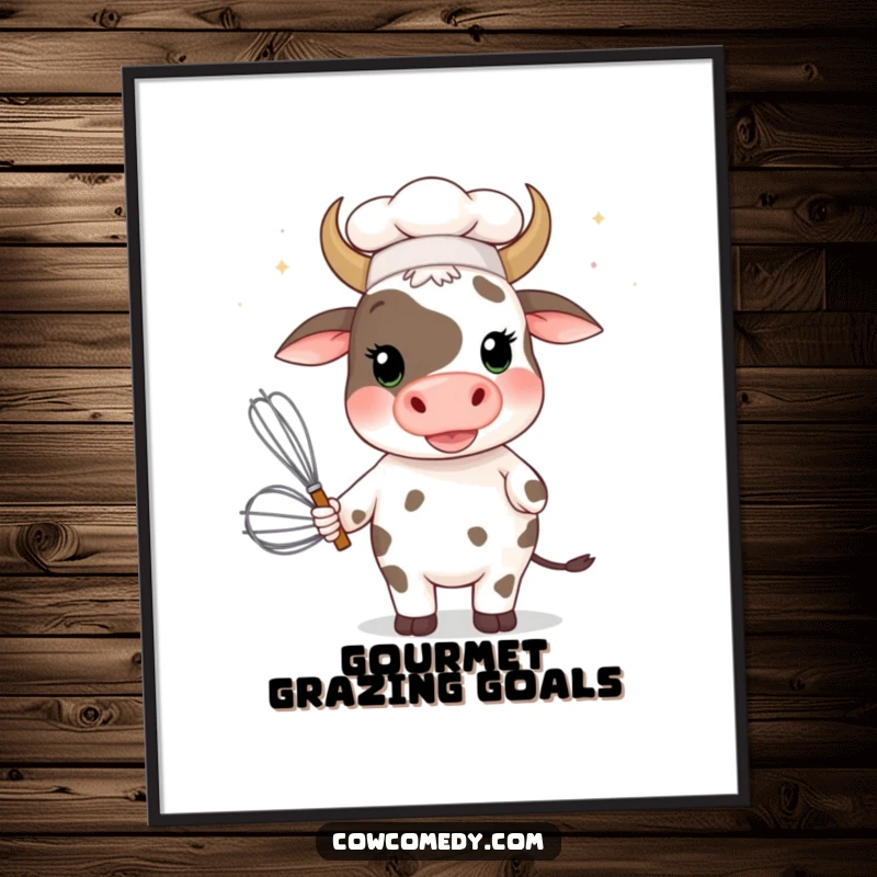 Funny cow chef with a giant whisk on a wall poster, adding comedic culinary flair to home or office decor.